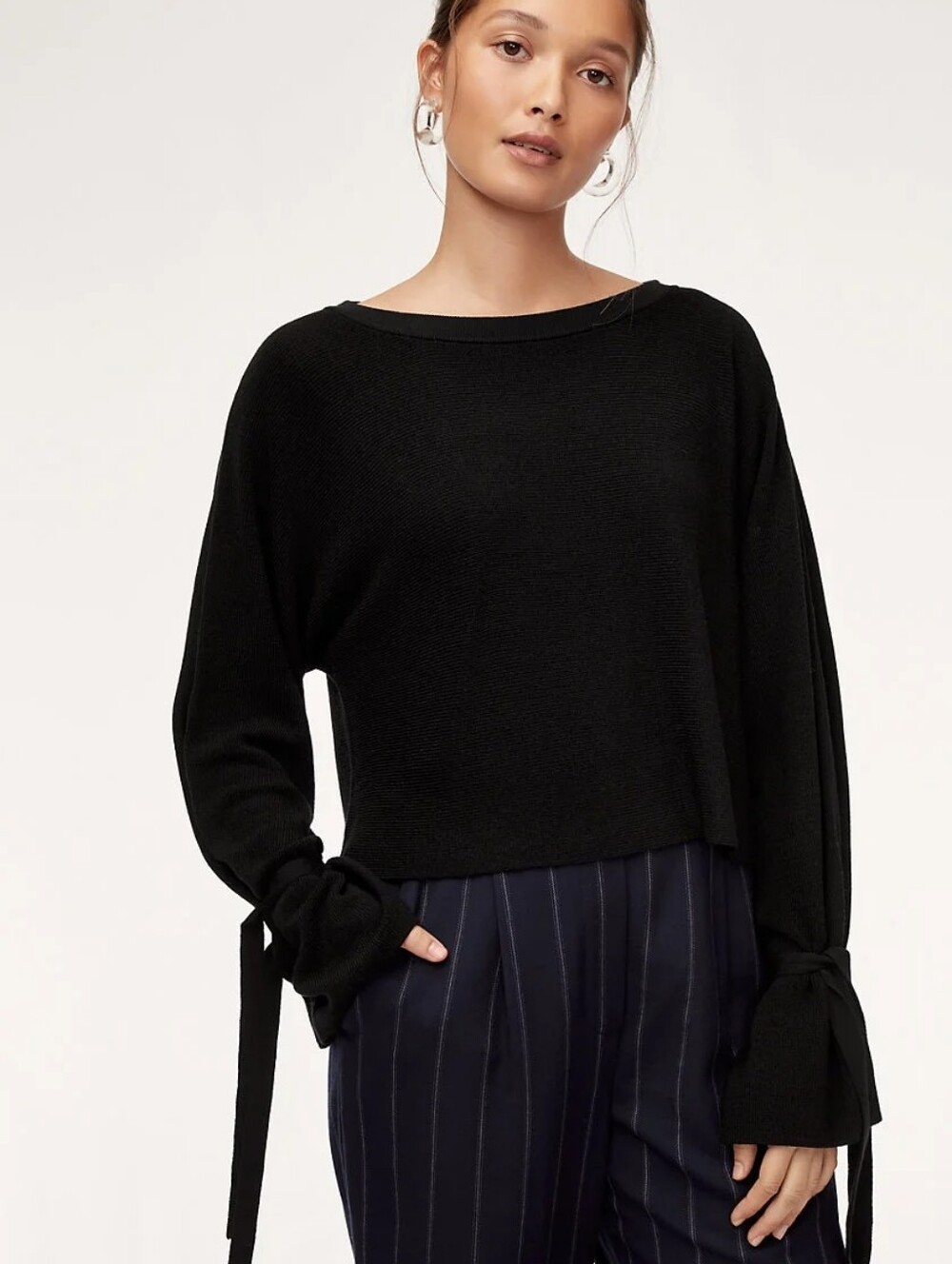 Cropped Cream Long-Sleeve Tie Cuff Sweater